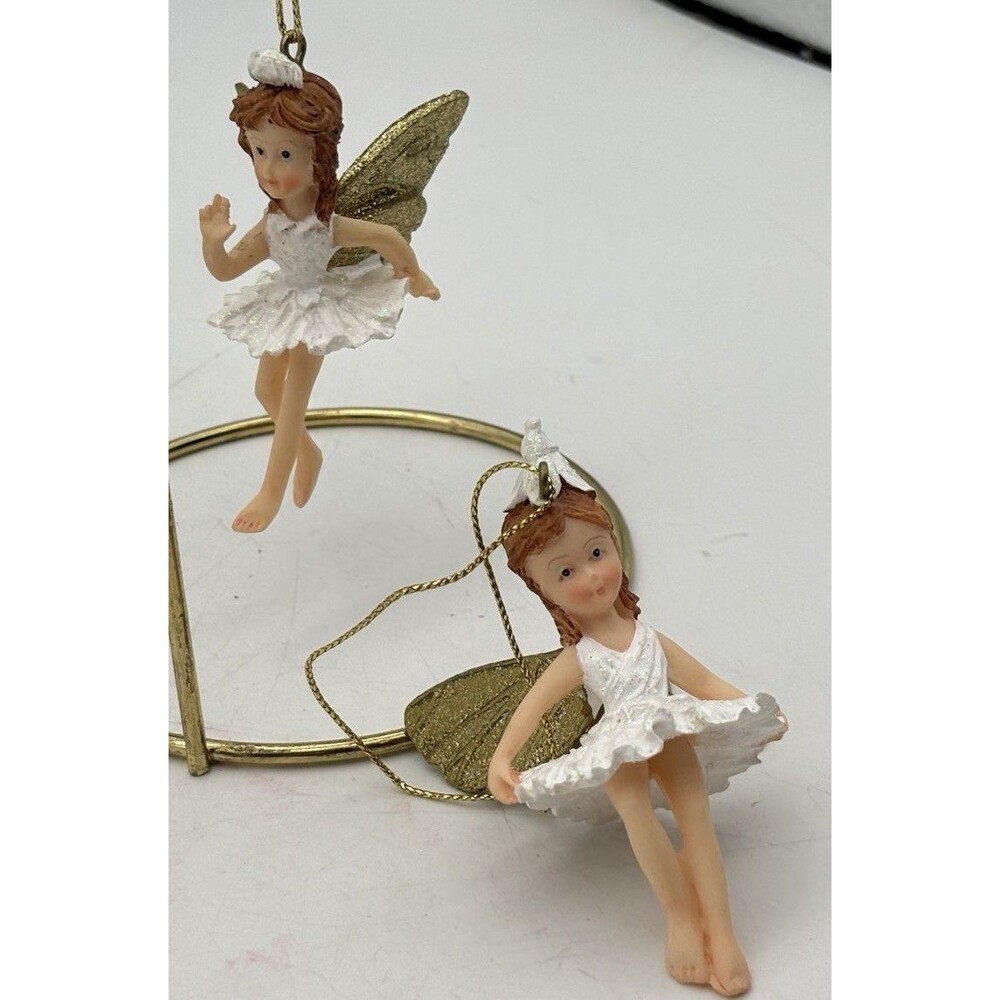 Fairy Christmas Ornaments Set of 2 White Glitter Dress Gold Wings Miniature